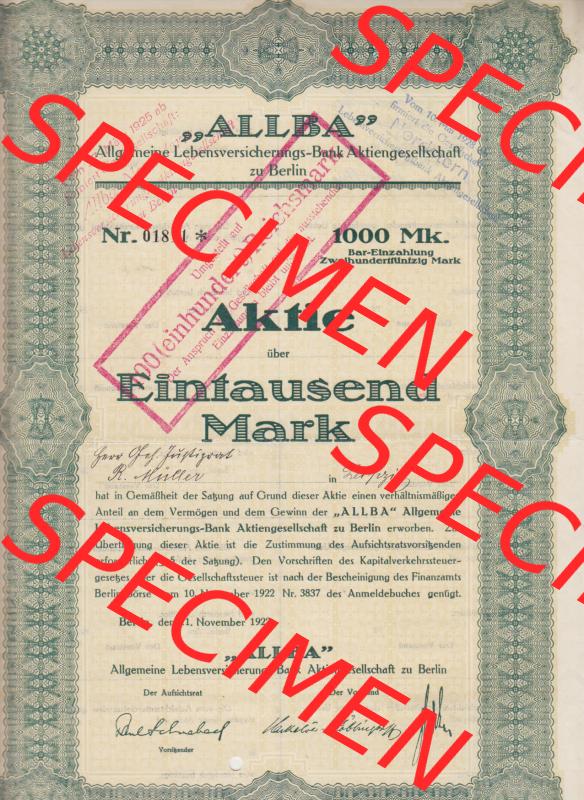 1922-1925, Allba Allgemeine Lebensversicherung-Bank Aktiengesellschaft, Eintausend Mark, Stempel 100 Reichsmark (1) Sammlung