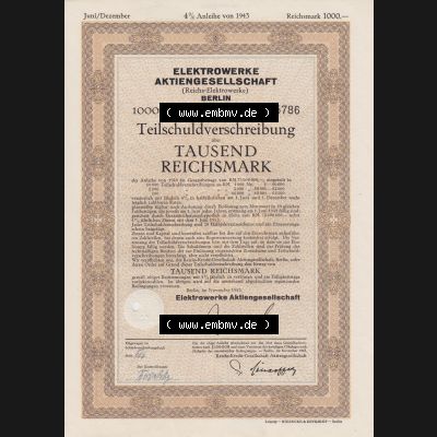 Elektrowerke Aktiengesellschaft, Reichs-Elektrowerke, Berlin, 1000 Reichsmark, Teil-Schuld-Verschreibung, 4 Prozent (1) Sammlung