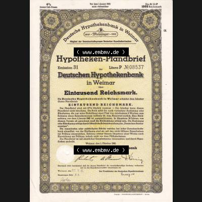 Deutsches Reich 1940, Gelber Hypothekenpfandbrief der Deutschen Hypothekenbank in Weimar über Eintausend Reichsmark (1) Sammlung