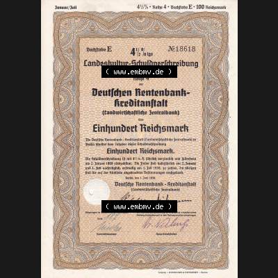 1939, Deutsche Rentenbank-Kreditanstalt, Landeskultur-Schuldverschreibung 100 Reichsmark (1) Sammlung