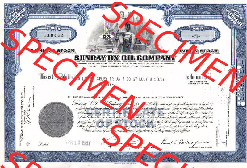 USA Öl 1967, Sunray DX Oil Company, less than 100 Shares-Aktien (1) Sammlung