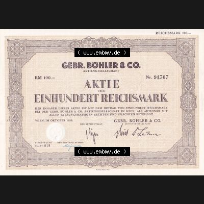 Aktie 1939, Gebr. Böhler und Co., Aktiengesellschaft, 100 Einhundert Reichsmark (1) Sammlung