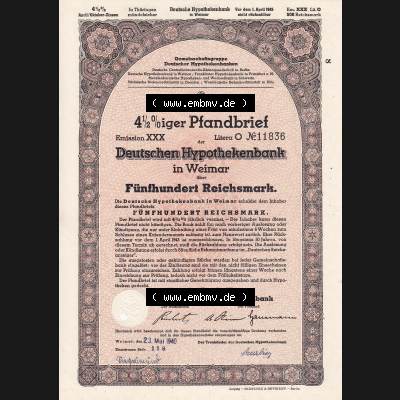 1939, rosa Deutsche Hypothekenbank in Weimar Fünfhundert Reichsmark (1) Sammlung