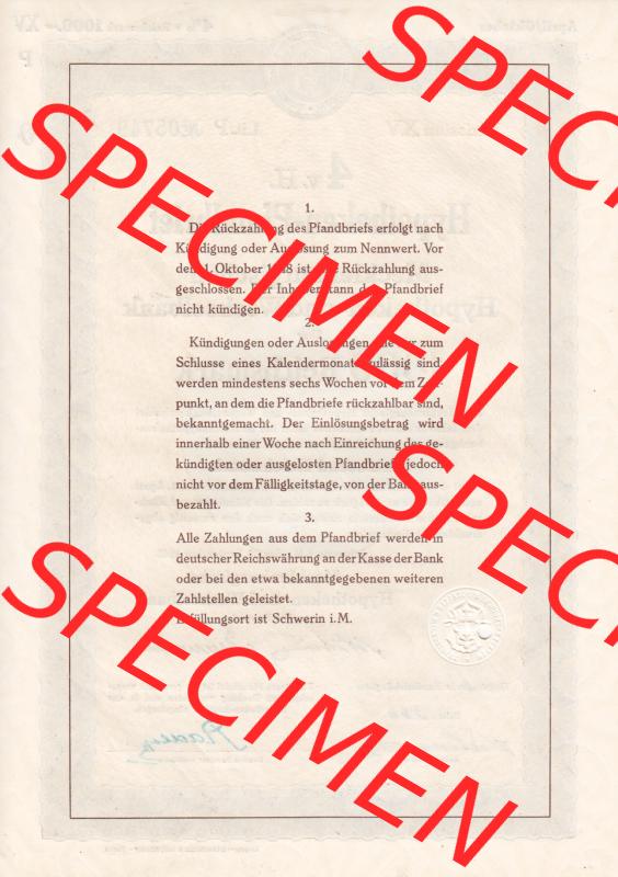 1940 September, 1000 Reichsmark, 4 v.H. Hypotheken-Pfandbrief der Mecklenburgischen Hypotheken- und Wechselbank (2) Sammlung