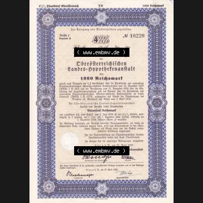 Österreich 1939, Reihe 1, Buchstabe B, 4.5 Prozent Pfandbrief, Zur Anlegung von Mündelgeldern zugelassen, Oberösterreichischen (1) Sammlung
