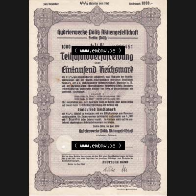 1940, 1000 Reichsmark Hydrierwerke Pölitz Aktiengesellschaft, Stettin-Pölitz (1) Sammlung
