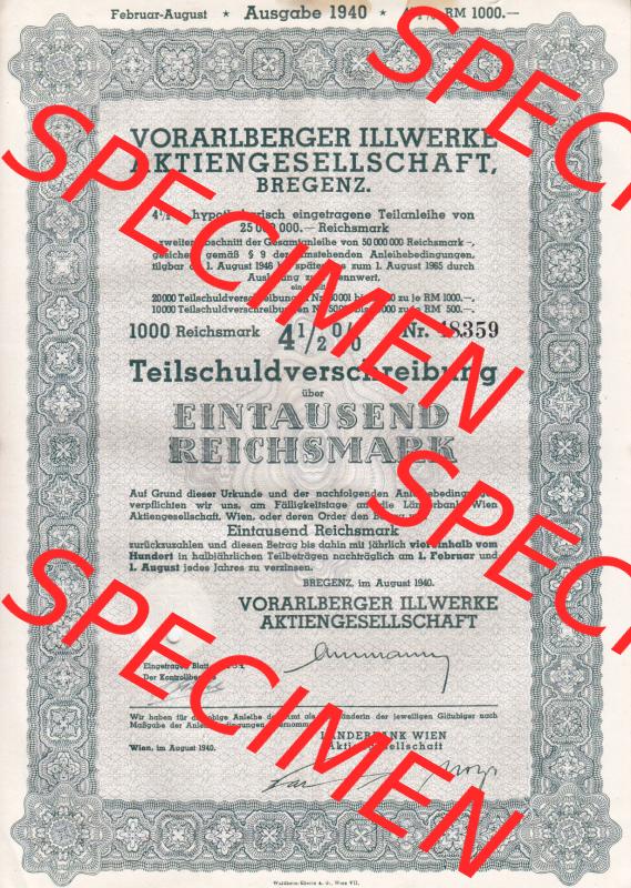 Österreich 1940, Vorarlberger Illwerke, Teilanleihe AktiengesellschaftBregenz, Teilschuldverschreibung über Eintausend Reichsmark (1) Sammlung
