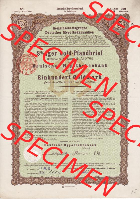 Deutsches Reich 1926, Gold-Pfandbrief der Deutschen Hypothekenbank in Meiningen über Einhundert Goldmark (1) Sammlung