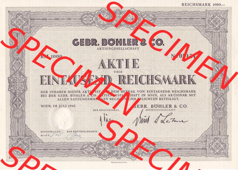 Aktie 1942, Gebr. Böhler und Co., Aktiengesellschaft, 1000 Eintausend Reichsmark (1) Sammlung