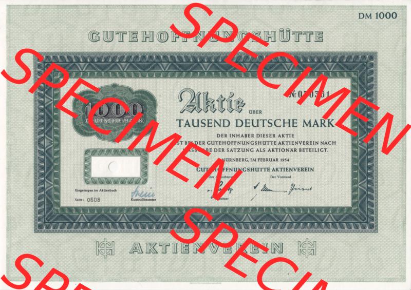 Historisches Wertpapier Deutschland der BRD 1954, 1000 Deutsche Mark DM, Aktie Gutehoffnungshütte, Tausend Deutsche Mark (2) Sammlung