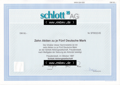 Historisches Wertpapier Deutschland der BRD 1997, 5 DM, Zehn Aktien zu je Fünf Deutshe Mark, Schlott-Q-AG Freudenstadt (2) Sammlung