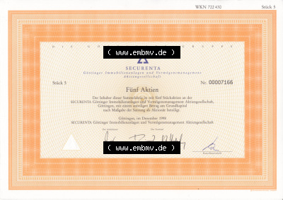 Historisches Wertpapier Deutschland der BRD 1998, Securenta, Fünf Aktien, Göttinger Immobilienanlagen und Vermögensmanagment... Sammlung