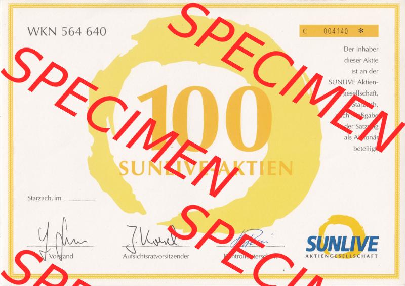 Historisches Wertpapier Deutschland der BRD WKN 564 640, 100 Sunlive-Aktien (1) Sammlung