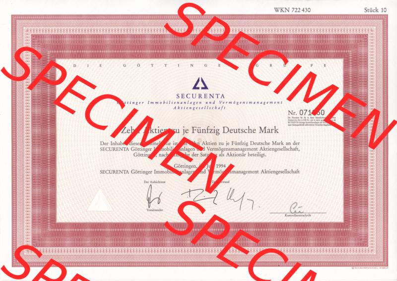 Historisches Wertpapier Deutschland der BRD 1994, 50 DM, Fünfzig Deutsche Mark, SECURENTA Immobilienanlagen (2) Sammlung
