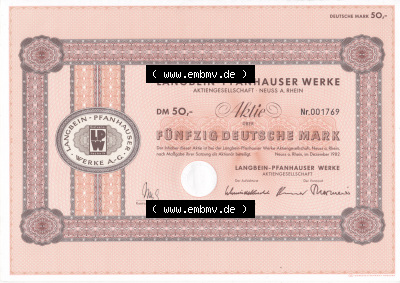 Historisches Wertpapier Deutschland der BRD 1982, 50 DM, Fünfzig Deutsche Mark, Aktie Langbein-Pfanhauser Werke (1) Sammlung