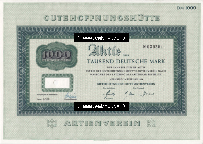 Historisches Wertpapier Deutschland der BRD 1954, 1000 Deutsche Mark DM, Aktie Gutehoffnungshütte, Tausend Deutsche Mark (2) Sammlung