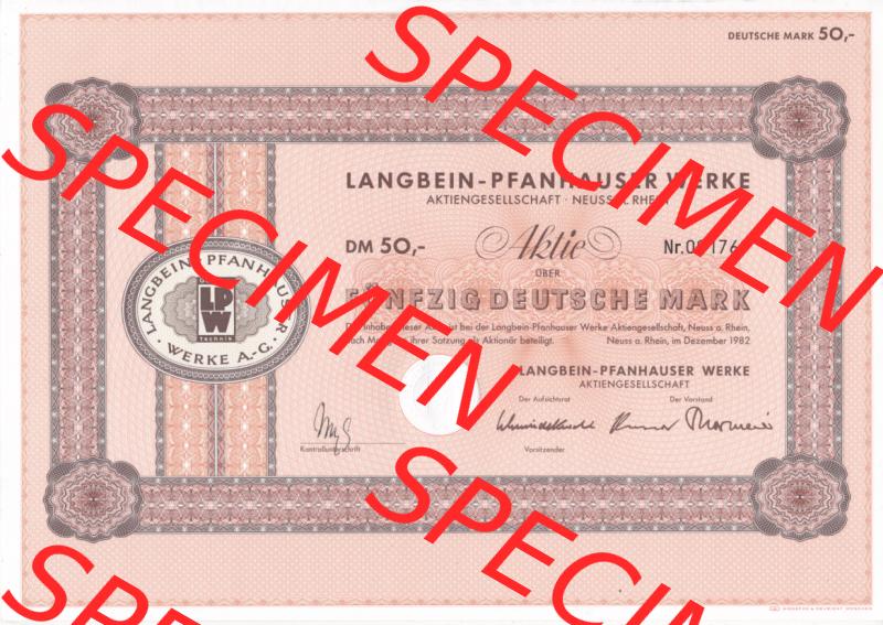 Historisches Wertpapier Deutschland der BRD 1982, 50 DM, Fünfzig Deutsche Mark, Aktie Langbein-Pfanhauser Werke (2) Sammlung