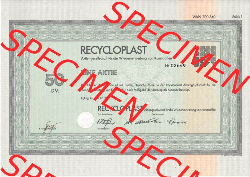 Historisches Wertpapier Deutschland der BRD 1987, Recycloplast, 50 DM, Eine Aktie über Fünfzig Deutsche Mark, Aktiengesellschaft für die Wiederverwendung von Kunststoffen... Sammlung