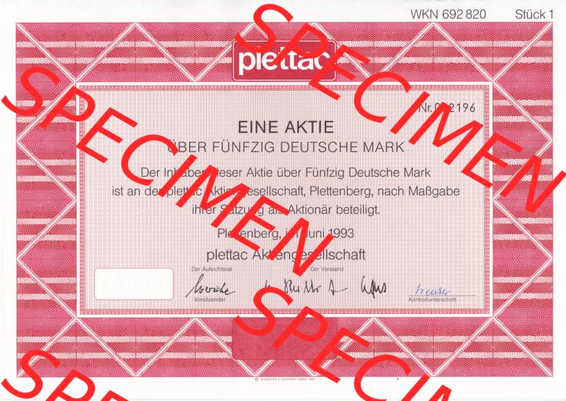 Historisches Wertpapier Deutschland der BRD 1993, 50 DM, Fünfzig Deutsche Mark, plettac Aktiengesellschaft (1) Sammlung