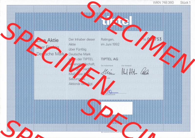 Historisches Wertpapier Deutschland der BRD 1992, 50 DM, Eine Aktie über Fünfzig Mark, TIPEL AG (2) Sammlung
