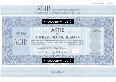 Historisches Wertpapier Deutschland der BRD 1996, 50 DM, AGIB, Fünfzig Deutsche Mark, Aktie, Aktiengesellschaft für GRundbesitz... Sammlung