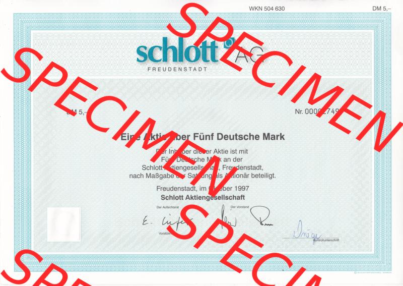 Historisches Wertpapier Deutschland der BRD 1997, 5 DM, Eine Aktie über Fünf Deutsche Mark,, schlott AG Freudenstadt (1) Sammlung