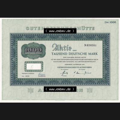 Historisches Wertpapier Deutschland der BRD 1954, 1000 Deutsche Mark DM, Aktie Gutehoffnungshütte, Tausend Deutsche Mark (2) Sammlung