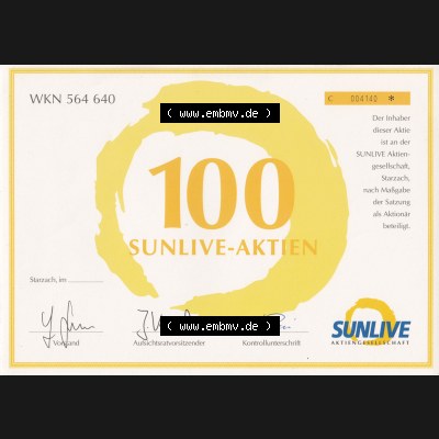 Historisches Wertpapier Deutschland der BRD WKN 564 640, 100 Sunlive-Aktien (1) Sammlung