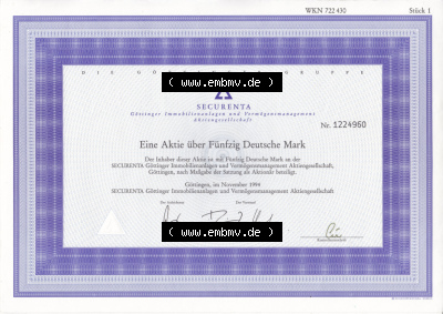 Historisches Wertpapier Deutschland der BRD 1994, 50 DM, Securenta Göttinger Immobilienanlagen, Eine Aktie über Fünfzig Deutsche... Sammlung