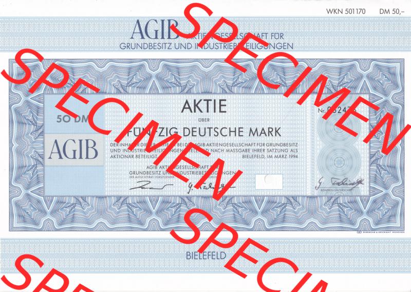 Historisches Wertpapier Deutschland der BRD 1994, 50 DM AGIB Aktiengesellschaft für Grundbesitz und Industriebeteiligungen (1) Sammlung