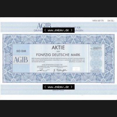 Historisches Wertpapier Deutschland der BRD 1996, 50 DM, AGIB, Fünfzig Deutsche Mark, Aktie, Aktiengesellschaft für GRundbesitz und Industriebeteilingungen (2) Sammlung