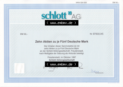 Historisches Wertpapier Deutschland der BRD 1997, 5 DM, Zehn Aktien zu je Fünf Deutshe Mark, Schlott-Q-AG Freudenstadt (1) Sammlung