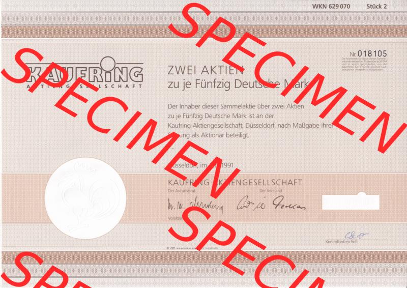 Historisches Wertpapier Deutschland der BRD 1991, 100 DM, Kaufring Aktiengesellschaft, Zwei Aktien zu je Fünfzig 50 Deutsche Mark (1) Sammlung