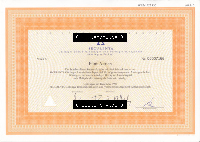 Historisches Wertpapier Deutschland der BRD 1998, Securenta, Fünf Aktien, Göttinger Immobilienanlagen und Vermögensmanagment... Sammlung