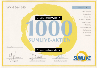 Historisches Wertpapier Deutschland der BRD WKN 564 640, 1000 SUNLIVE-AKTIEN, Starzach (2) Sammlung