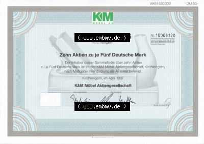 Historisches Wertpapier Deutschland der BRD 1997, Zehn Aktien zu je Fünf Deutsche Mark, 5 DM KM Möbel AG Kirchlengern (2) Sammlung