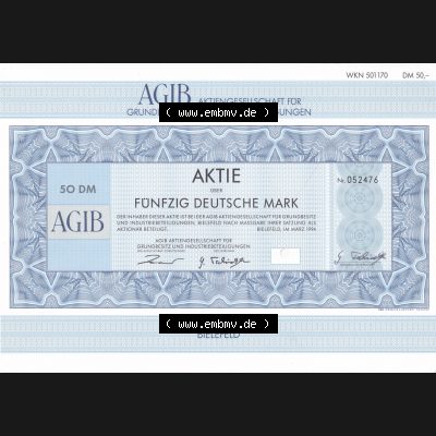Historisches Wertpapier Deutschland der BRD 1994, 50 DM AGIB Aktiengesellschaft für Grundbesitz und Industriebeteiligungen (1) Sammlung