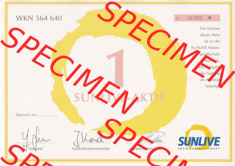 Historisches Wertpapier Deutschland der BRD WKN 564 640, 1 SUNLIVE-AKTIE, Starzach (2) Sammlung