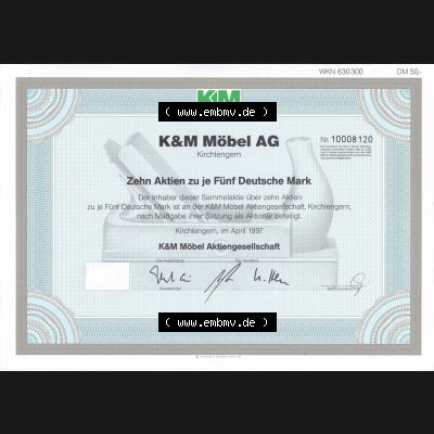 Historisches Wertpapier Deutschland der BRD 1997, Zehn Aktien zu je Fünf Deutsche Mark, 5 DM KM Möbel AG Kirchlengern (1) Sammlung
