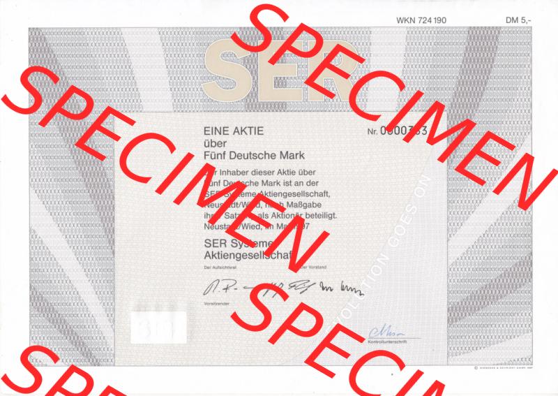 Historisches Wertpapier Deutschland der BRD 1997, 5 DM, Fünf Deutsche Mark, SER Systeme Aktie (2) Sammlung