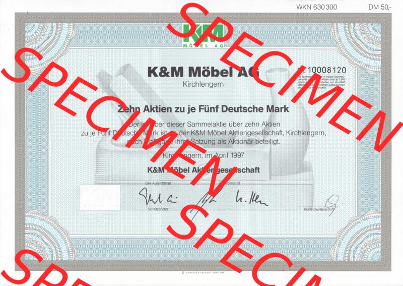 Historisches Wertpapier Deutschland der BRD 1997, Zehn Aktien zu je Fünf Deutsche Mark, 5 DM KM Möbel AG Kirchlengern (1) Sammlung