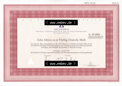 Historisches Wertpapier Deutschland der BRD 1994, 50 DM, Fünfzig Deutsche Mark, SECURENTA Immobilienanlagen (1) Sammlung