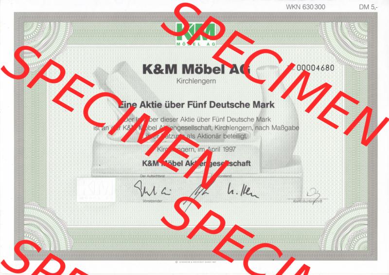 Historisches Wertpapier Deutschland der BRD 1997, 5 DM, Fünf Deutsche Mark, k&M Möbel AG, KM Aktiengesellschaft (2) Sammlung