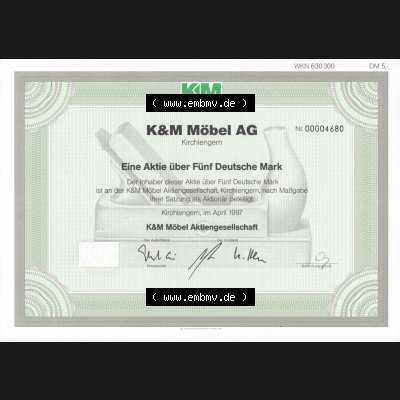Historisches Wertpapier Deutschland der BRD 1997, 5 DM, Fünf Deutsche Mark, k&M Möbel AG, KM Aktiengesellschaft (2) Sammlung