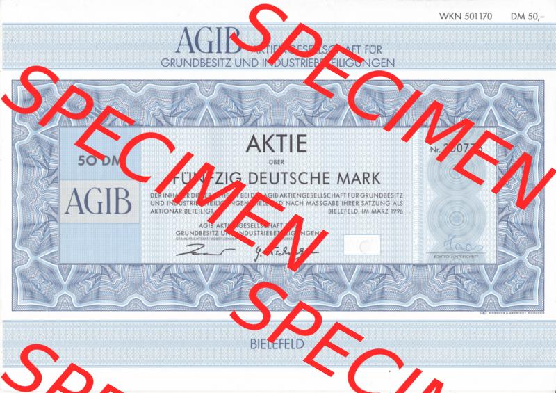 Historisches Wertpapier Deutschland der BRD 1996, 50 DM, AGIB, Fünfzig Deutsche Mark, Aktie, Aktiengesellschaft für GRundbesitz und Industriebeteilingungen (2) Sammlung