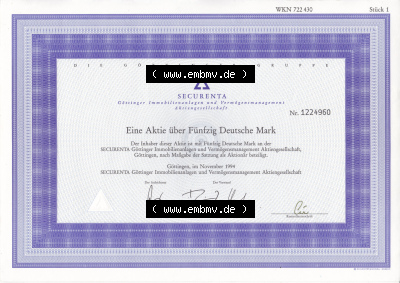 Historisches Wertpapier Deutschland der BRD 1994, 50 DM, Securenta Göttinger Immobilienanlagen, Eine Aktie über Fünfzig Deutsche... Sammlung