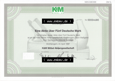 Historisches Wertpapier Deutschland der BRD 1997, 5 DM, Fünf Deutsche Mark, k&M Möbel AG, KM Aktiengesellschaft (1) Sammlung