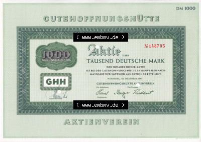 Historisches Wertpapier Deutschland der BRD 1967, 1000 DM, Deutsche Mark, Aktie Gutehoffnungshütte (1) Sammlung