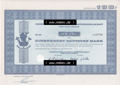 Historisches Wertpapier Deutschland der BRD 1966, 100 DM, Einhundert Deutsche Mark, Aktie Chemische Fabrik Helpenberg Aktien-Gesellschaft... Sammlung