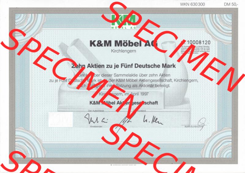 Historisches Wertpapier Deutschland der BRD 1997, Zehn Aktien zu je Fünf Deutsche Mark, 5 DM KM Möbel AG Kirchlengern (2) Sammlung